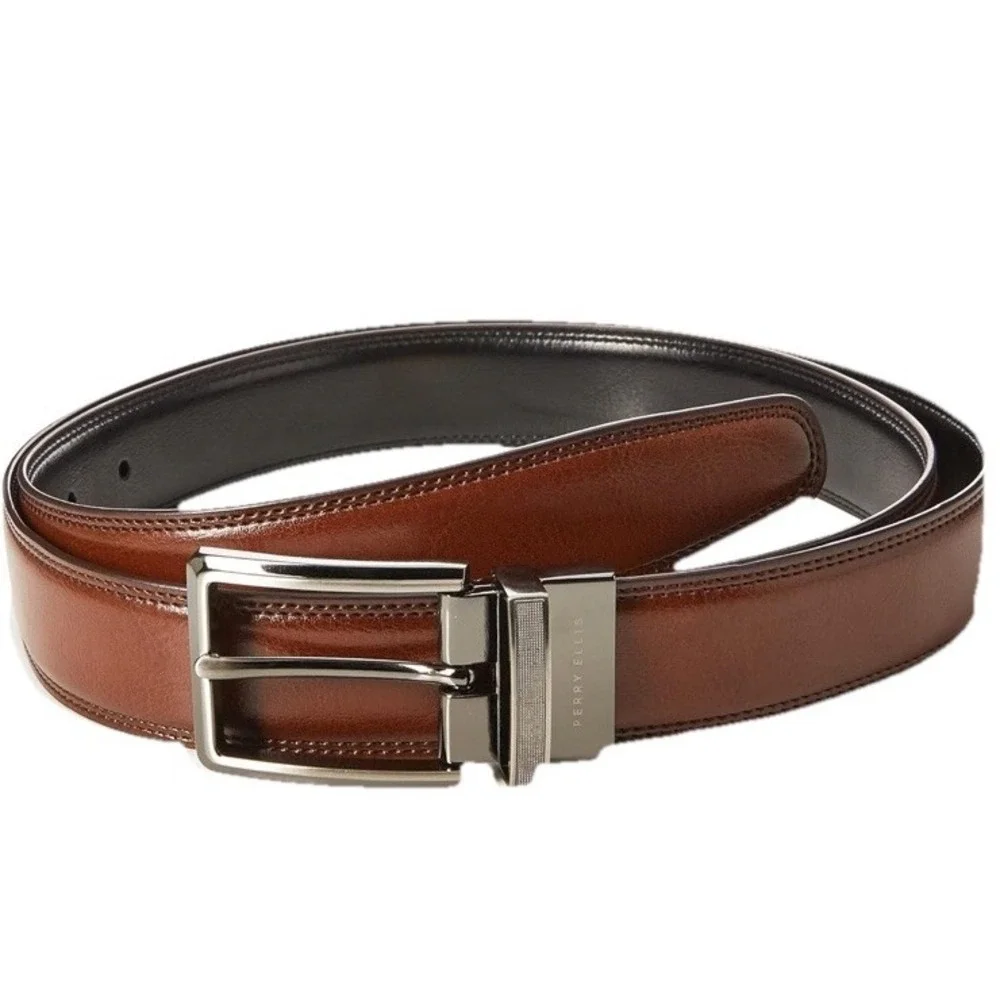 Perry Ellis Mens Reversible Belt Brown Black Leather Silver Buckle Size 34 36 - Picture 1 of 4